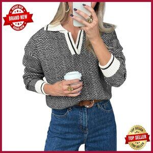 V-Neck Lapel Knit Sweater Pullover Chunky Soft Casual Fall Winter